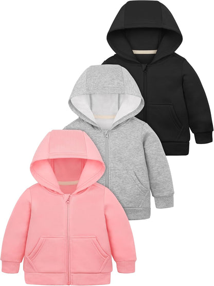 Cooraby 3 Pieces Baby and Toddler Girls Fleece Full-Zip Hoodies Lightweight Jacket with Pockets