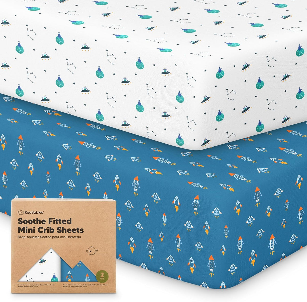 2-Pack Mini Crib Sheets Fitted - 38x26 Pack N Play Sheets for Pack and Play Mattress, Organic