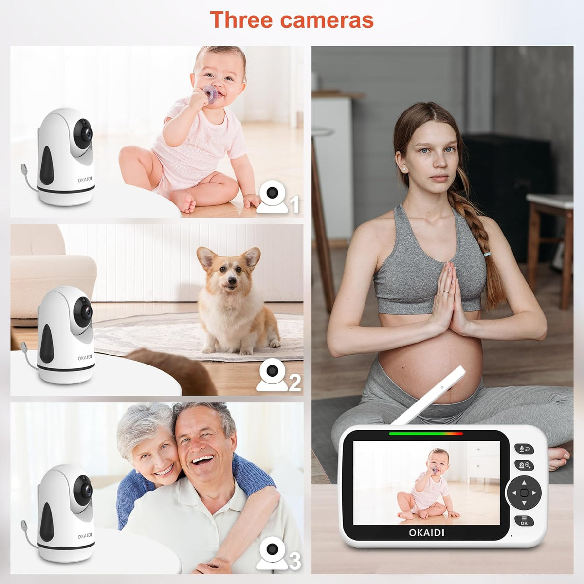 Video Baby Monitor with 3 Cameras, 5" Display Baby Monitor No WiFi, 30H Battery and 1000ft Range