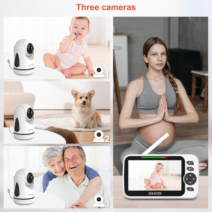 Video Baby Monitor with 3 Cameras, 5" Display Baby Monitor No WiFi, 30H Battery and 1000ft Range