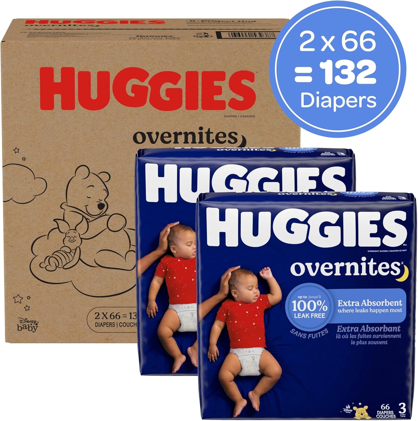 Huggies Size 3 Overnites Baby Diapers: Overnight Diapers, Size 3 (16-28 lbs), 132 Ct (2 Packs of