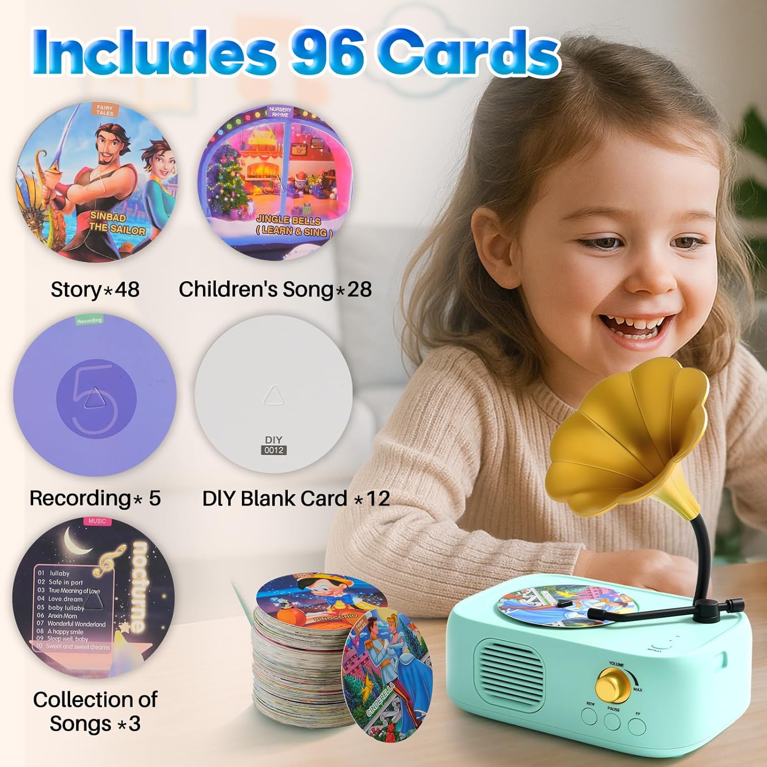 Kids Phonograph Toddler Record Player， with 96 Learning Cards, Early Education Machine Record