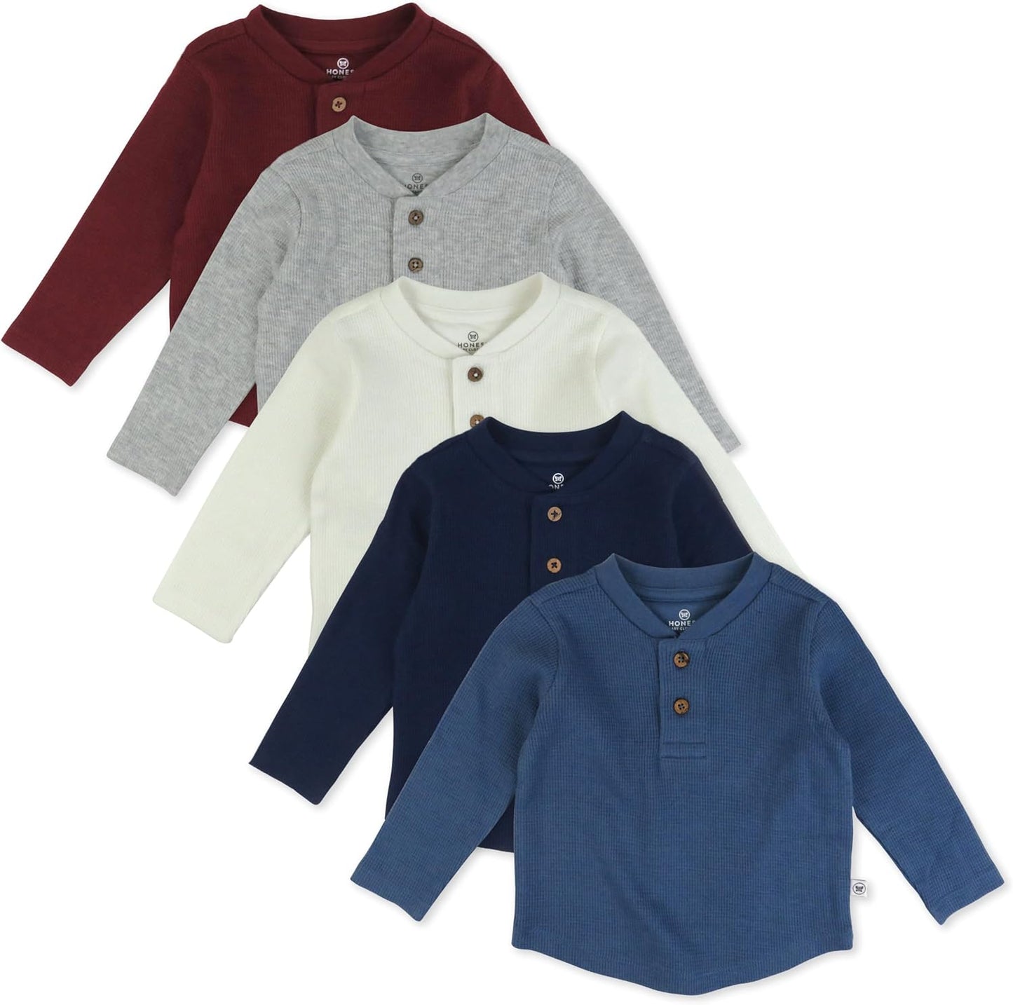 HonestBaby 5-pack Waffle Henley Long Sleeve Shirts 100% Organic Cotton for Infant Baby and Toddler
