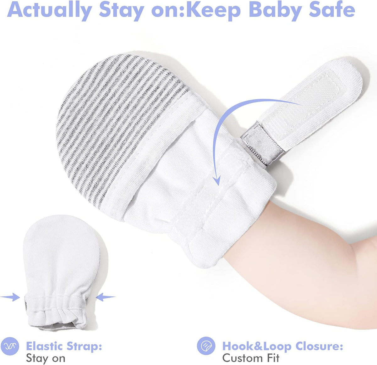 HAPIU Baby No Scratch Mittens Stay On, 100% Cotton Breathable, Adjustable Infant Gloves for Boys