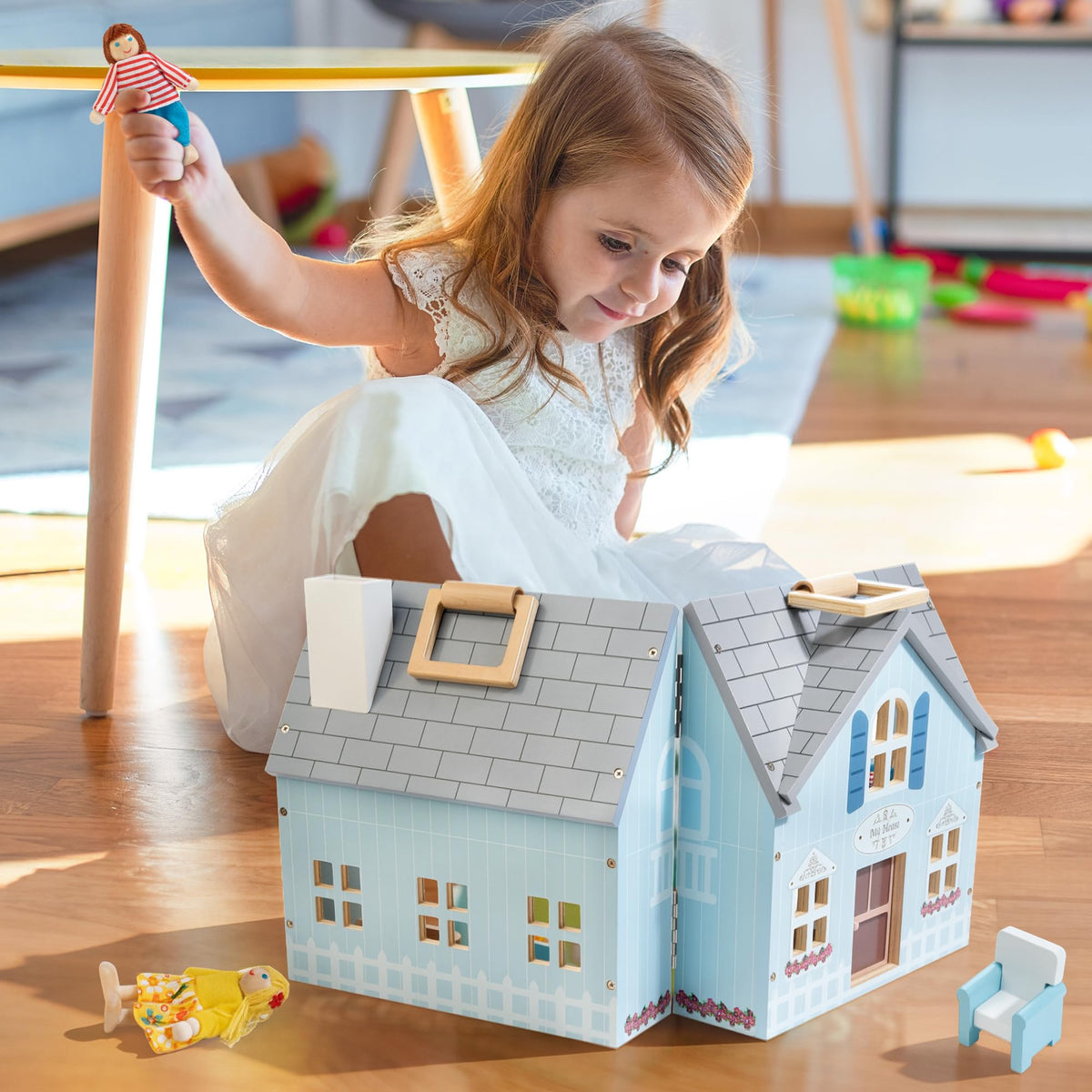 WOODMAM Foldable Wooden Dollhouse with Furniture, Dolls & Pet Set