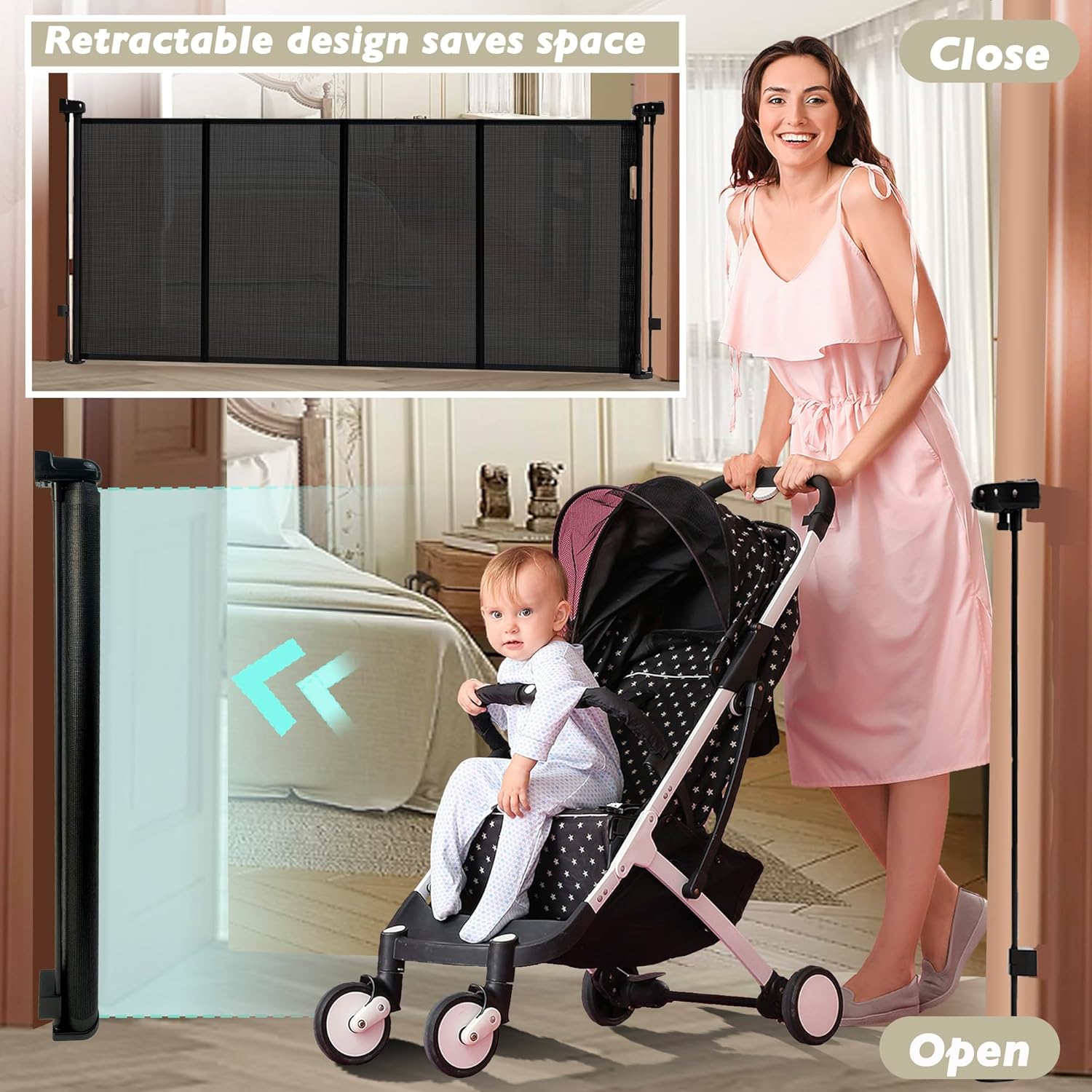 150" Extra Wide Retractable Baby Gates Dog Gate for Large Opening, 41" Extra Tall Mesh Pet Gate