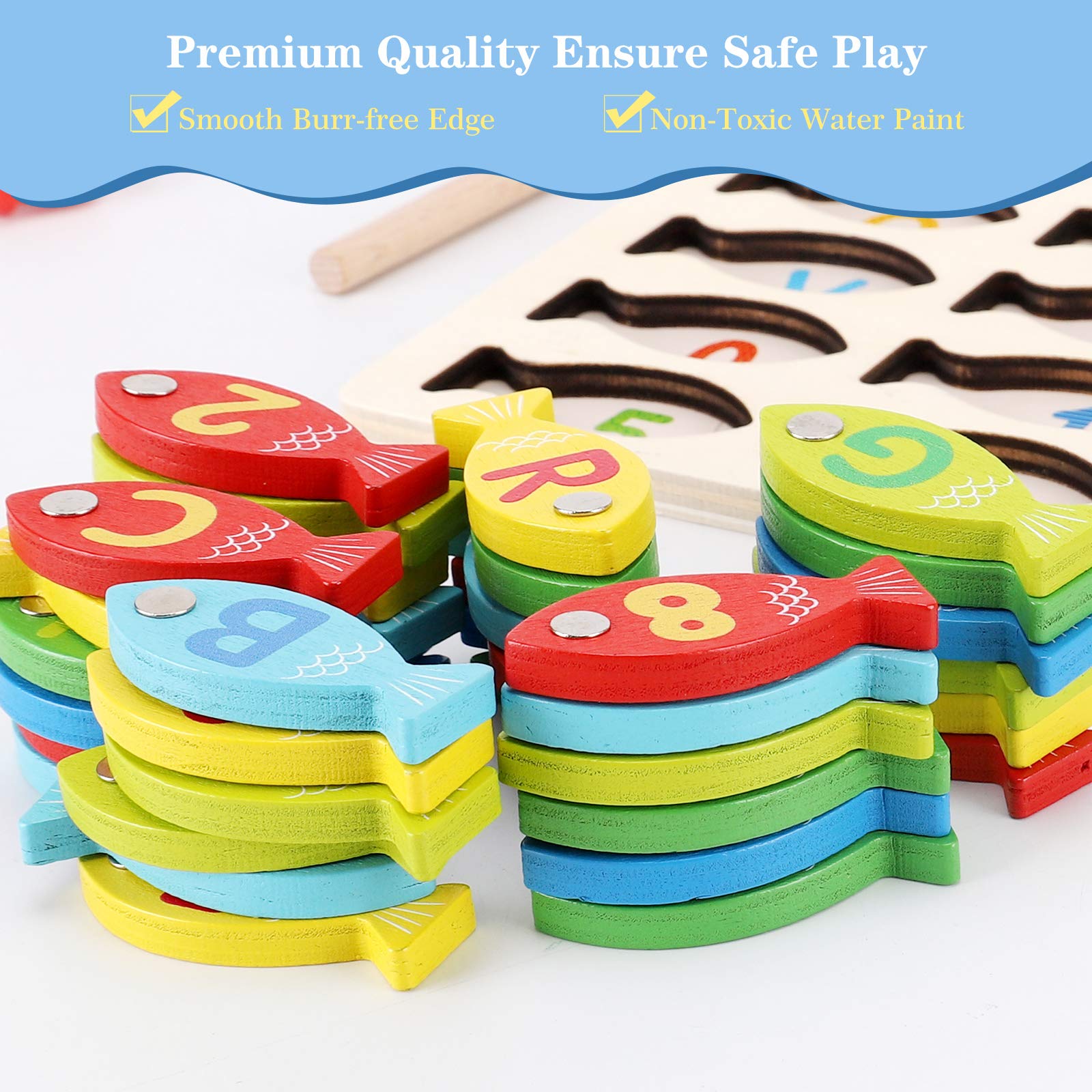 Magnetic Wooden Fishing Game Toy for Preschoolers, Alphabet Fish Catching Counting Games Puzzle