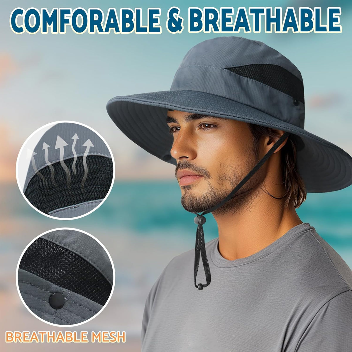 PFFY Sun Bucket Hats for Men Women 3” Wide Brim UPF 50+ Fishing & Beach Hat