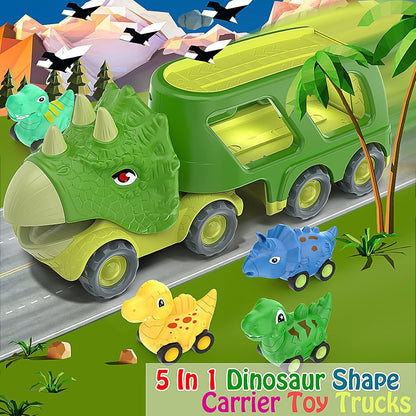 Veslier Dinosaur Car Toy for 3 4 5 Years Old Boys, Friction Power Carrier Truck with 4 Pack Small