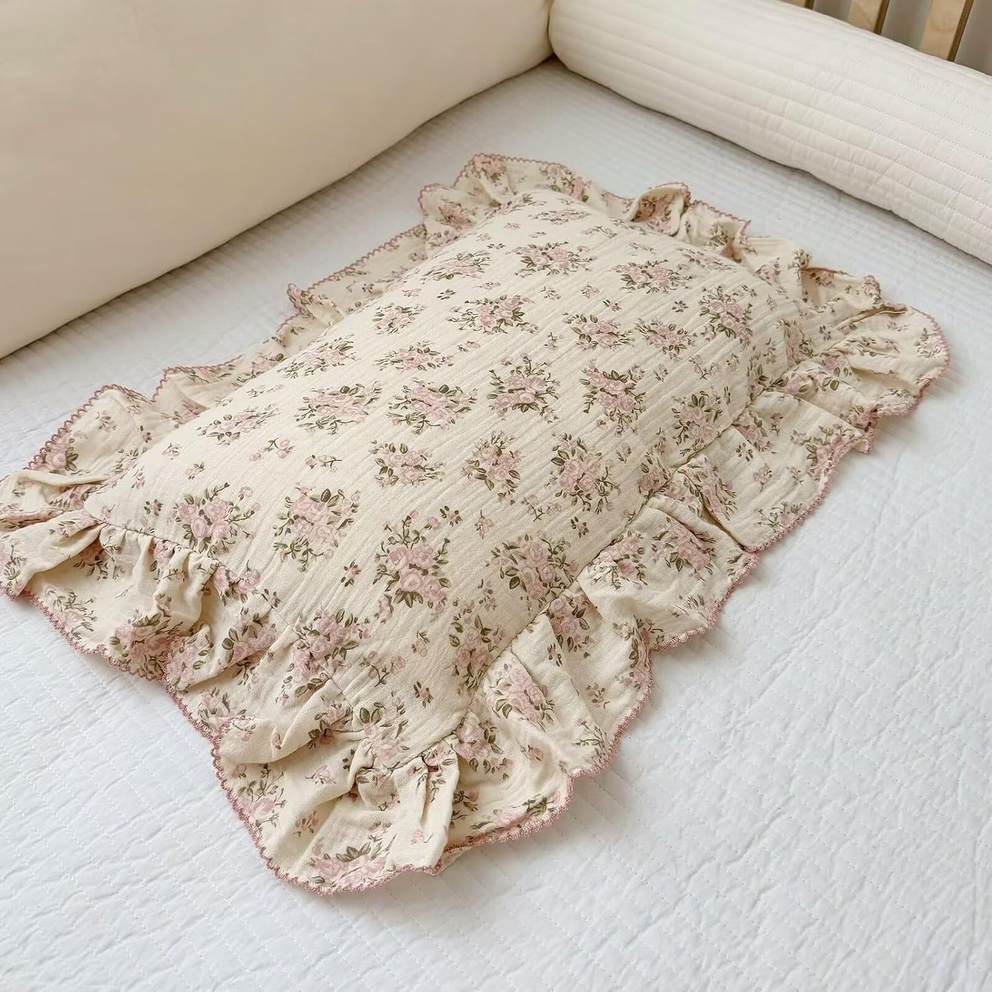 BuLuTu Cotton Muslin King Pillow Case, Chic Shabby Pink Floral Print Pillowcase for Teens Adults