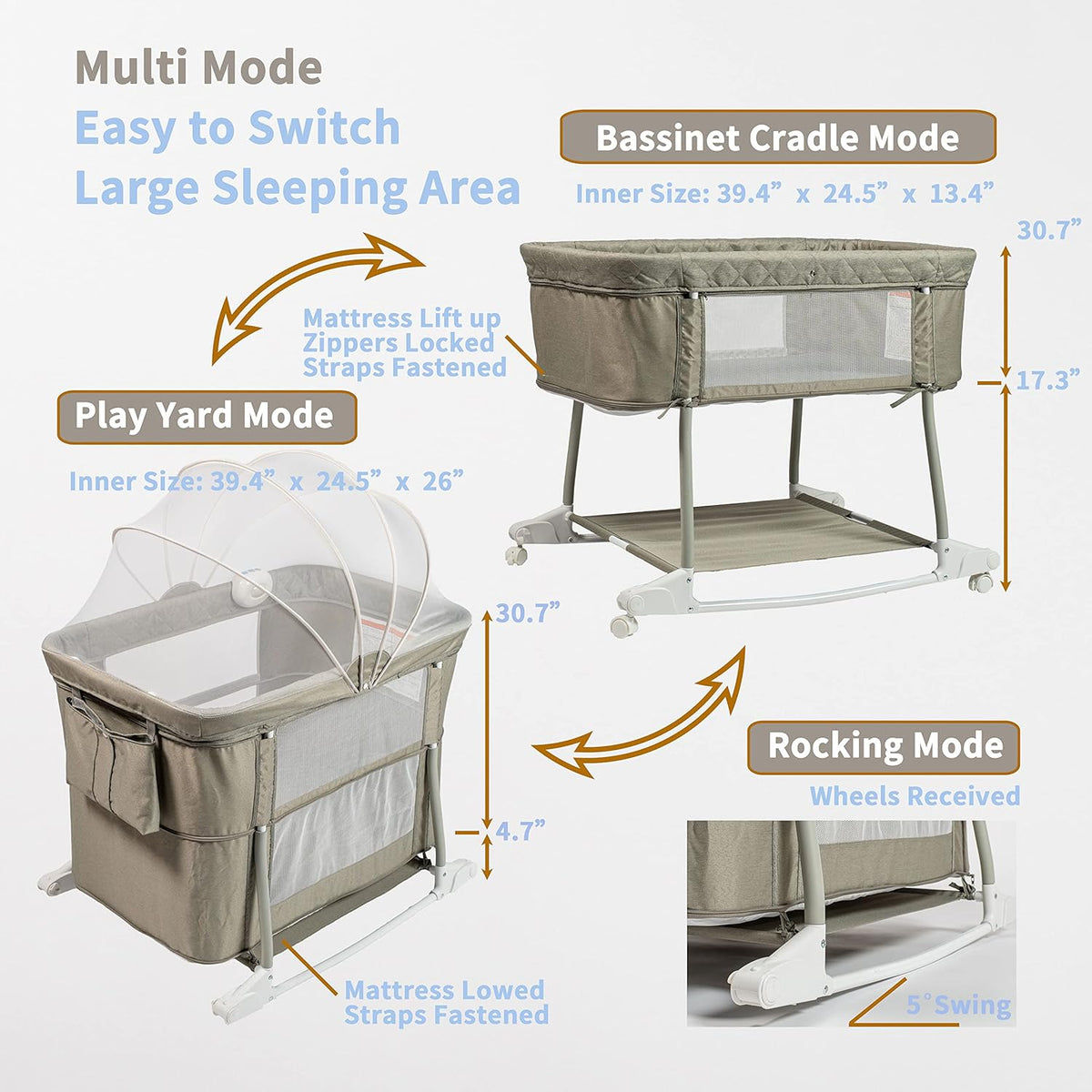 Newborn Portable Bassinet on Wheels for Baby 3 in 1 Bedside Sleeper Rocking Crib Playard with