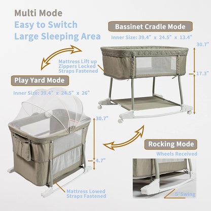 Newborn Portable Bassinet on Wheels for Baby 3 in 1 Bedside Sleeper Rocking Crib Playard with