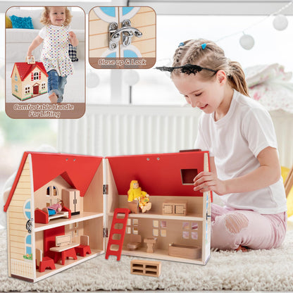 WOODMAM Foldable Wooden Dollhouse with Furniture for Pretend Play