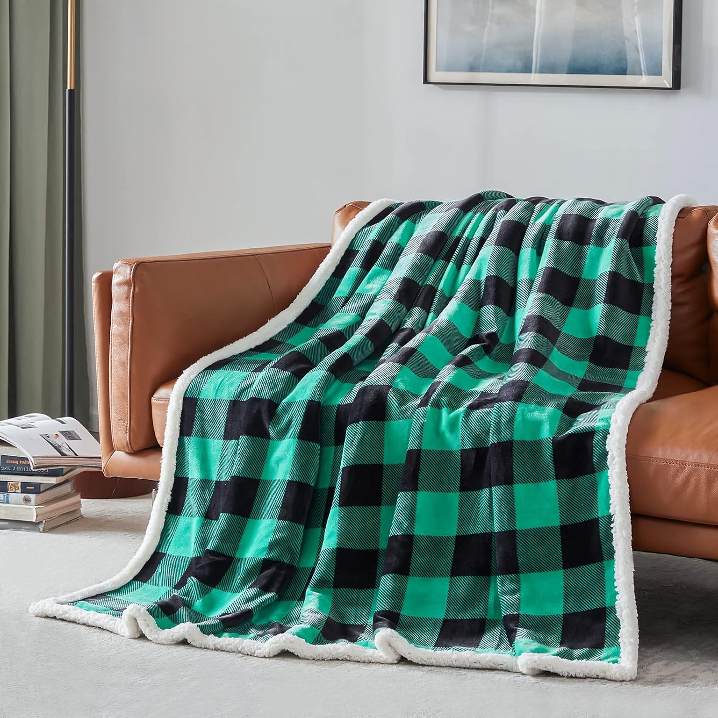 Touchat Sherpa Green and Black Buffalo Plaid Christmas Twin Blanket 60" X 70", Fuzzy Fluffy Soft