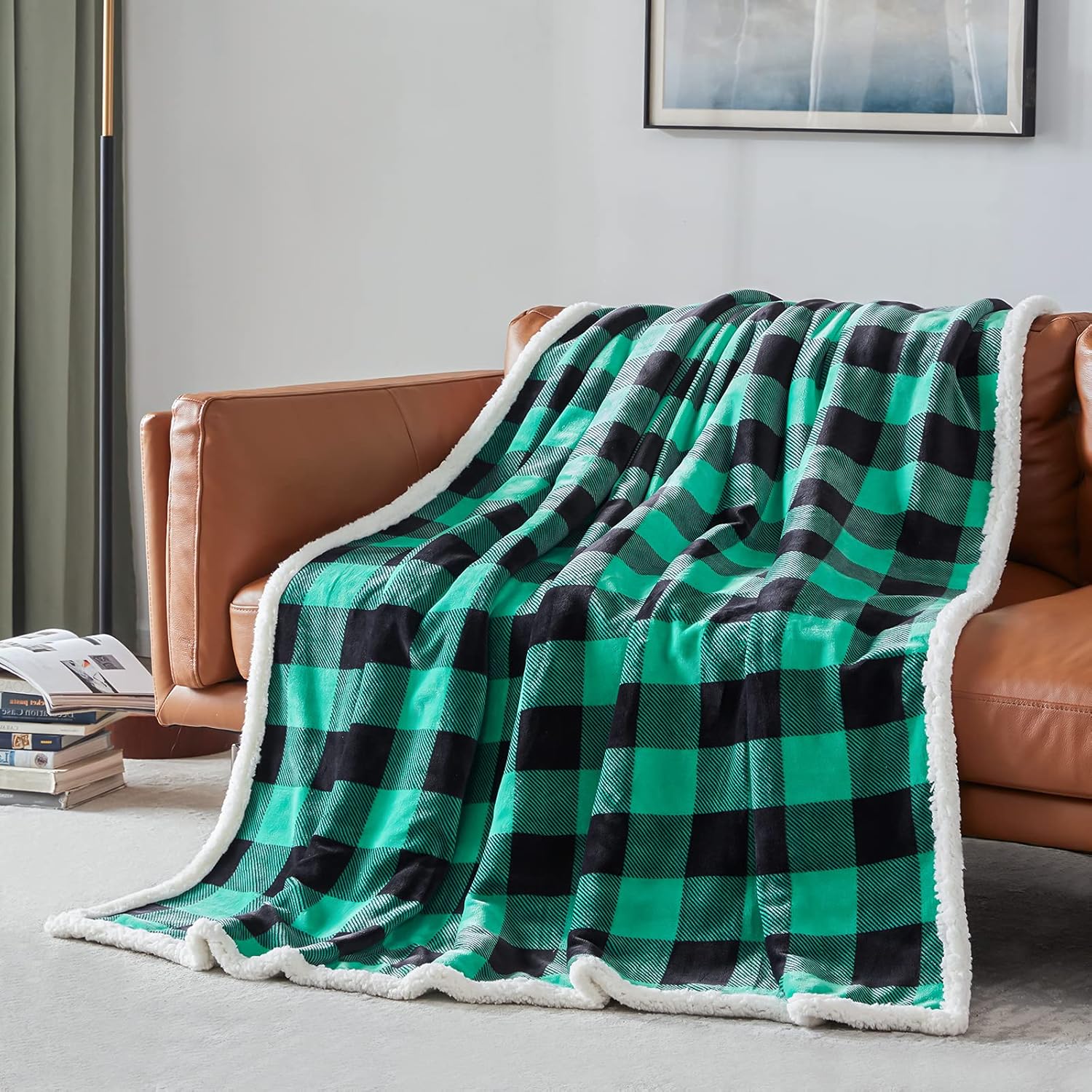 Touchat Sherpa Green and Black Buffalo Plaid Christmas Twin Blanket 60" X 70", Fuzzy Fluffy Soft