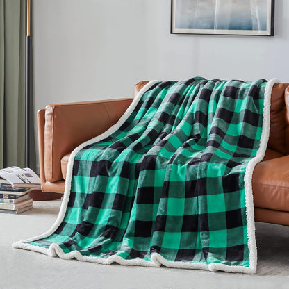 Touchat Sherpa Green and Black Buffalo Plaid Christmas Twin Blanket 60" X 70", Fuzzy Fluffy Soft