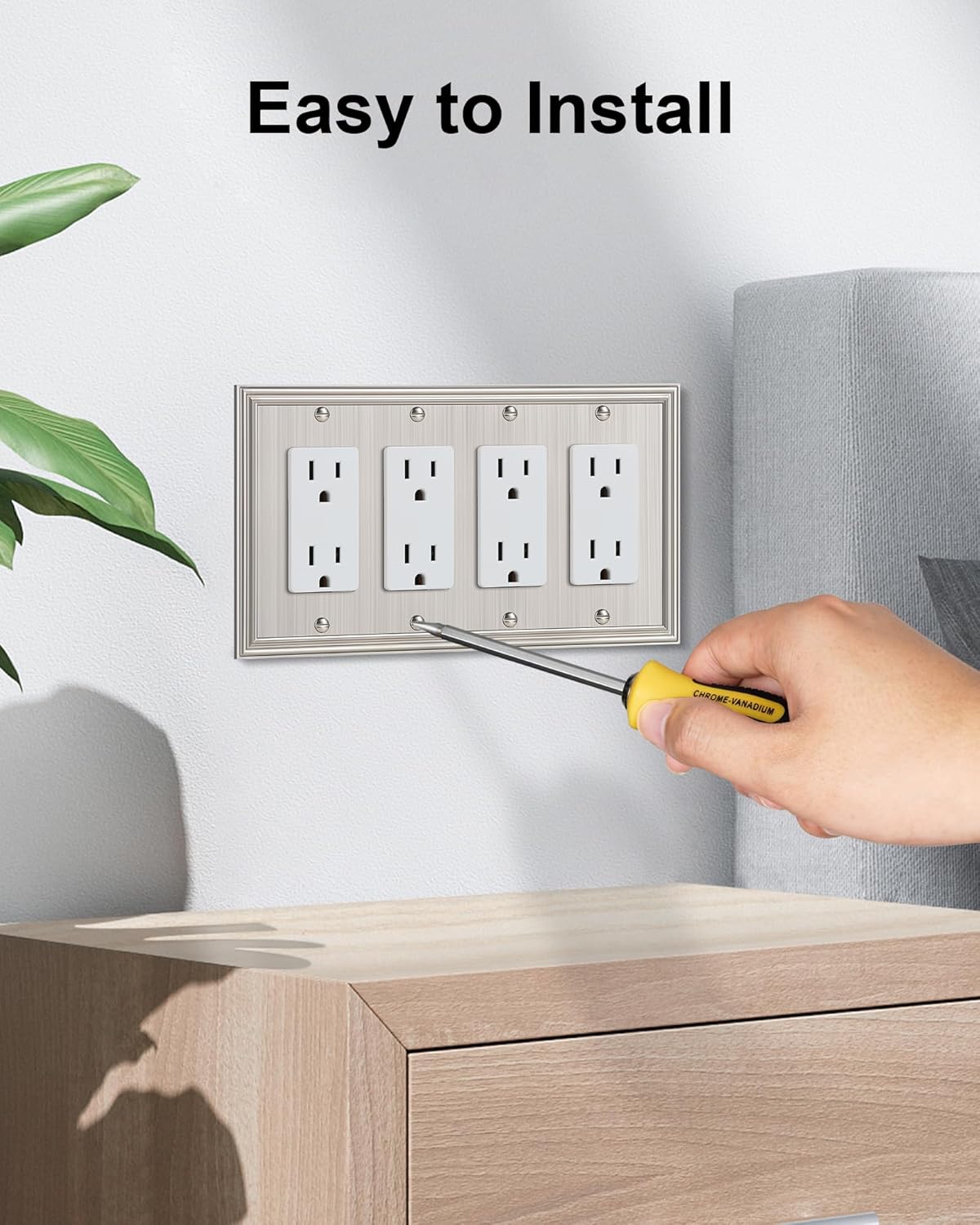 2-Pack Quad Decorator Outlet Cover Plate, Zinc Alloy Brushed Nickel Switch Plates and Outlet