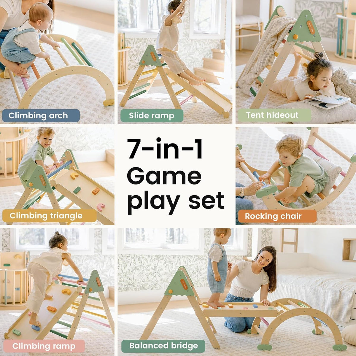 Tiny Land Pikler Triangle Set,7-in-1 Foldable Montessori Toddler Climbing Toys Indoor, Wooden