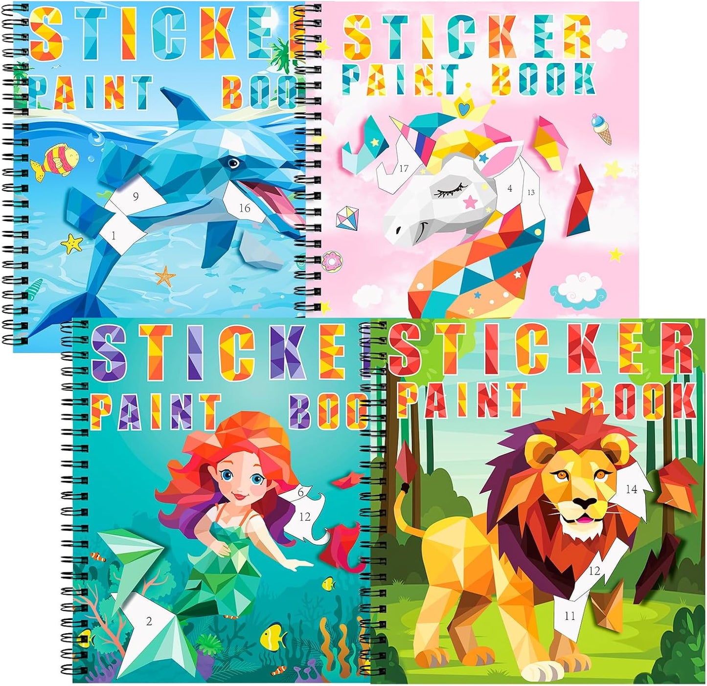 homicozy 4PCS Sticker Paint Books for Kids Ages 4-10,Unicorn Mermaid Animals Designs Paint by