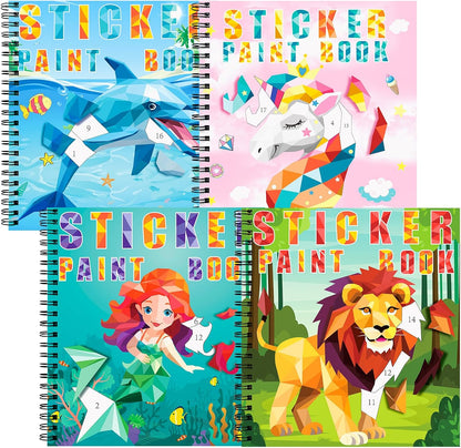 homicozy 4PCS Sticker Paint Books for Kids Ages 4-10,Unicorn Mermaid Animals Designs Paint by