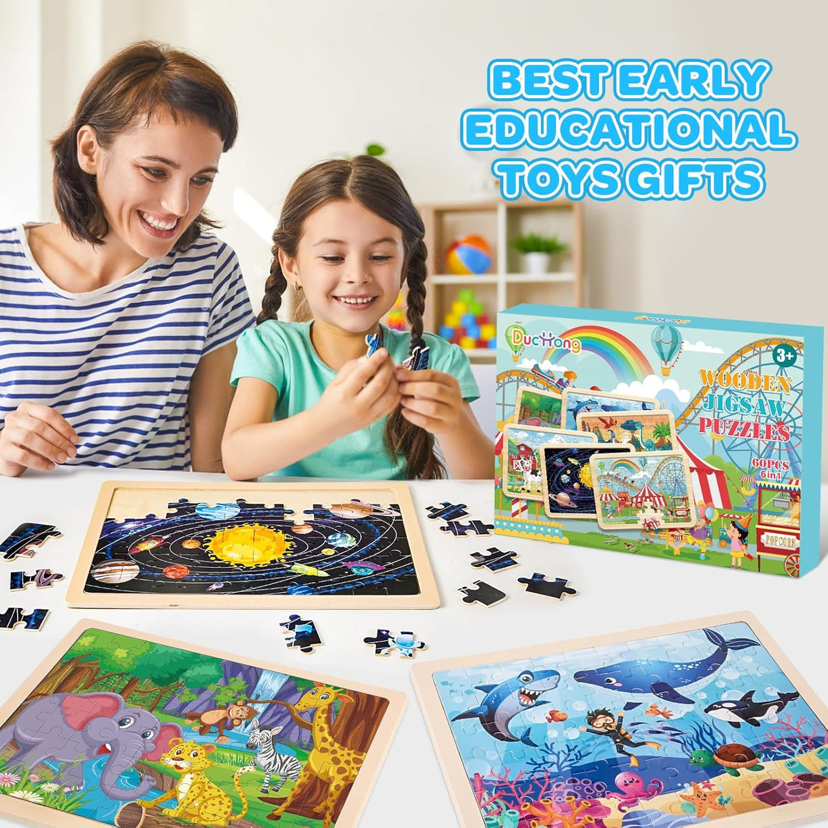 6 Packs Wooden Puzzles for Kids Ages 4-6, 60 Piece Wood Dinosaur Animals Jigsaw Puzzles for