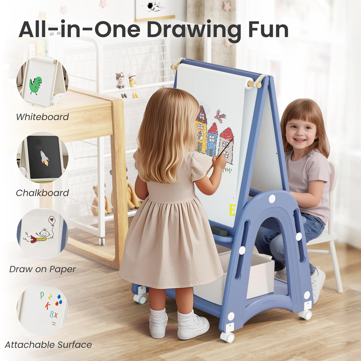 hoopyosms Art Easel for Kids 2-4 with Wheels, Whiteboard, Chalkboard & Paper Roll Adjustable Height