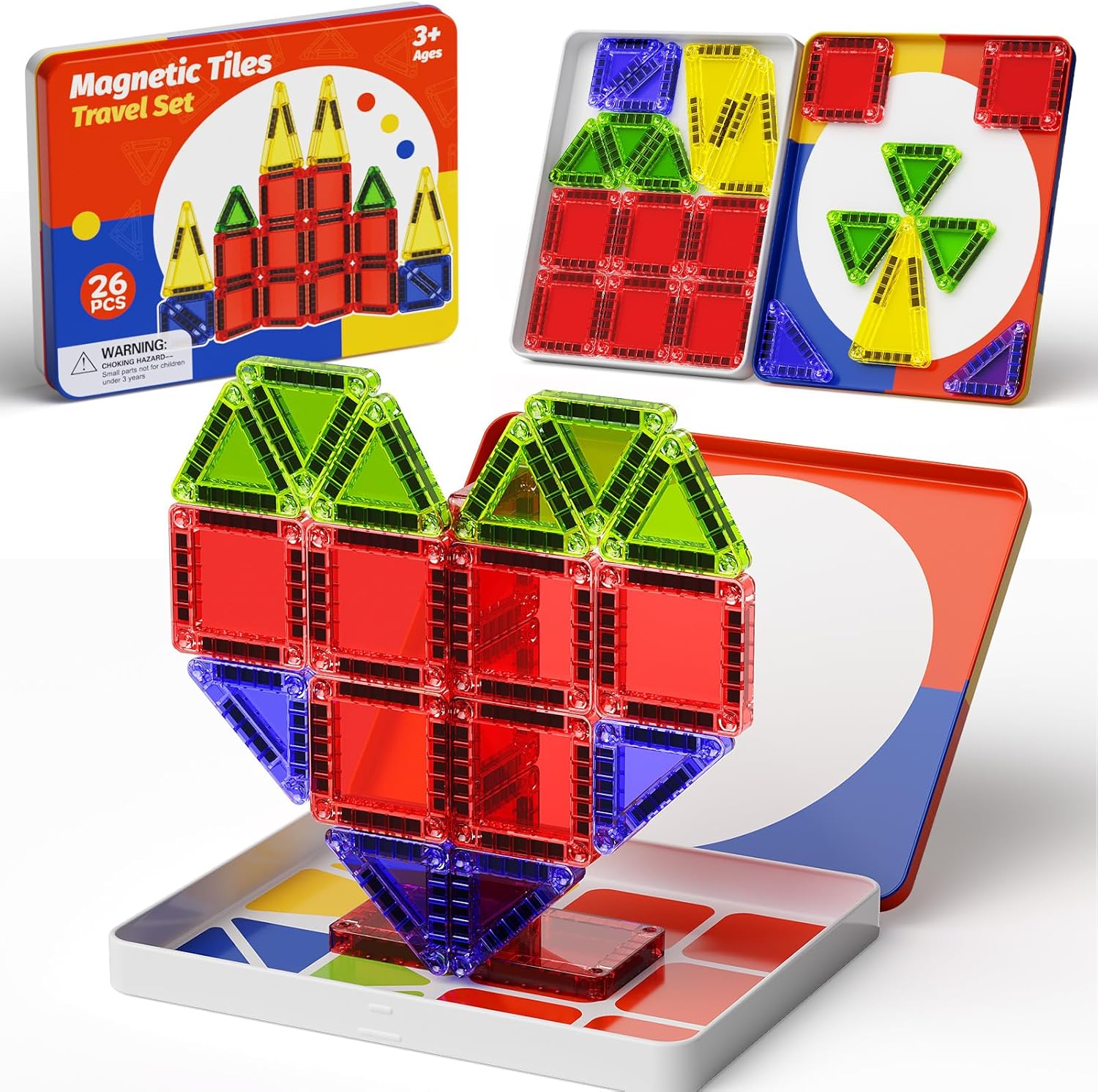 Magnetic Tiles Travel Toys with Storage Case, Portable STEM Building Blocks for 3-8 Year Olds