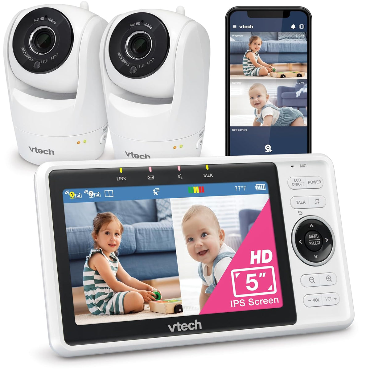 VTech 2-Cameras Smart WiFi Baby Monitor with 1080p FHD Camera and 5" HD IPS Screen, Free App with