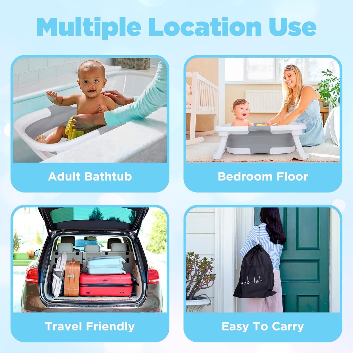 BEBELEH™ Collapsible Baby Bathtub with Thermometer – Bathtub + Baby tub Sling + Newborn Sling