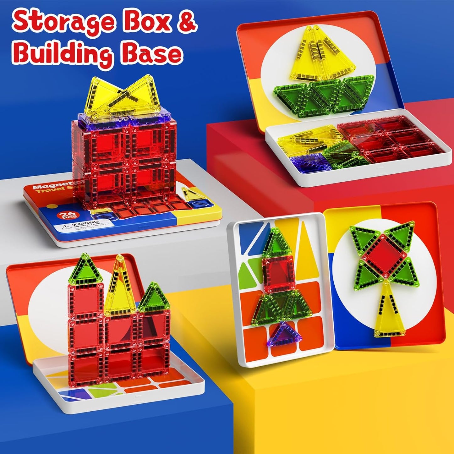 Magnetic Tiles Travel Toys with Storage Case, Portable STEM Building Blocks for 3-8 Year Olds