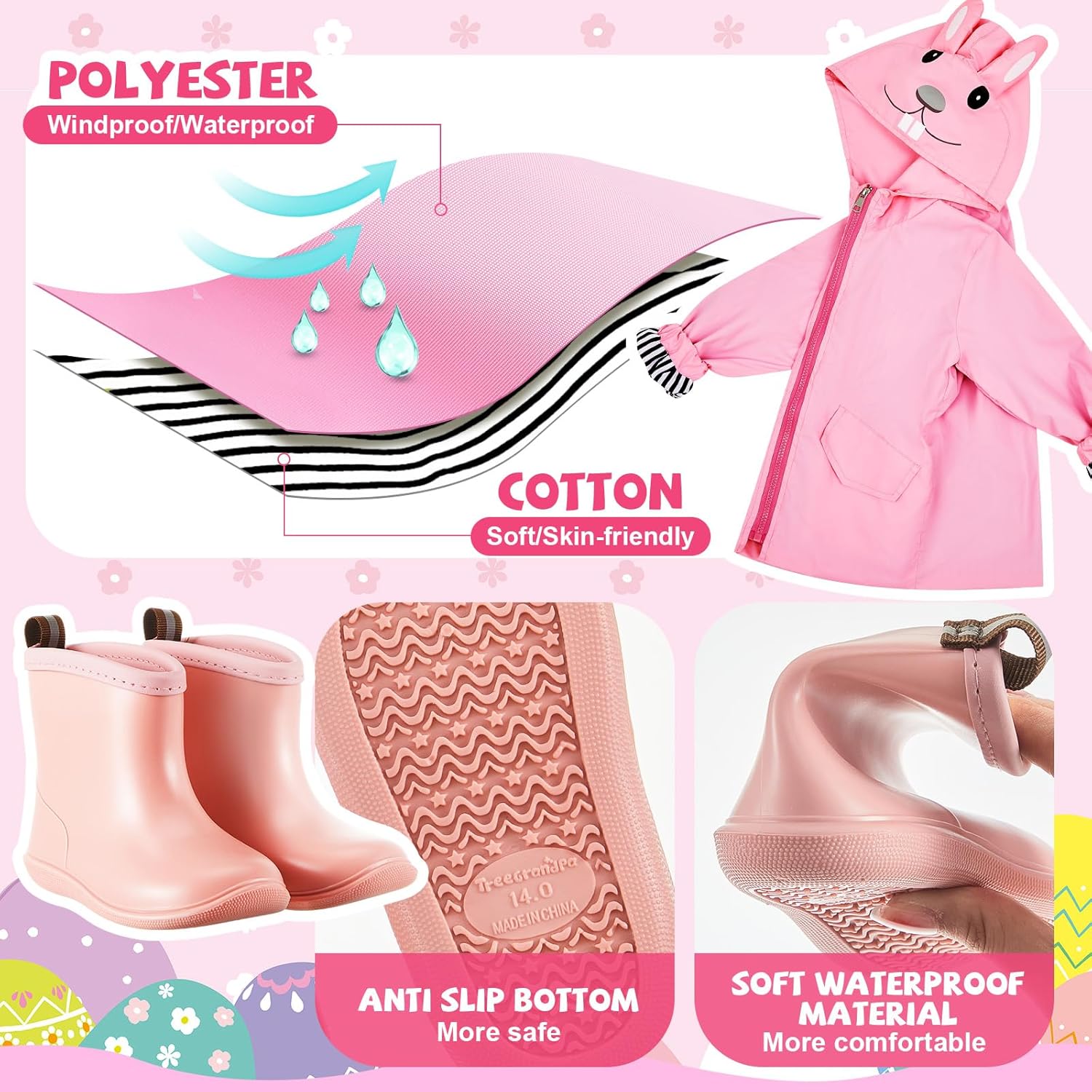 2 Pcs Toddler Raincoat Rain Boots Set Kids Baby Cartoon Hoodie Zipper Jacket Short Rain Shoes for