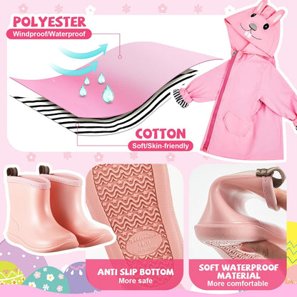2 Pcs Toddler Raincoat Rain Boots Set Kids Baby Cartoon Hoodie Zipper Jacket Short Rain Shoes for