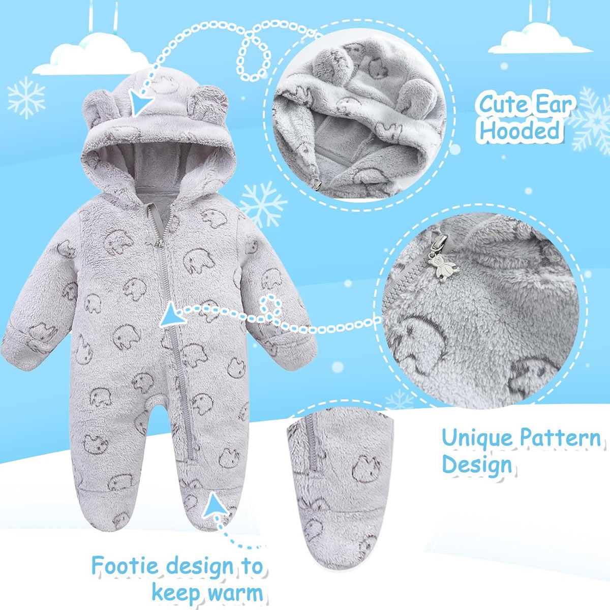 Fairy Baby Newborn Baby Bear Onesie Thin Fleece Footie Romper Snowsuit Hooded Jumpsuit Bodysuit