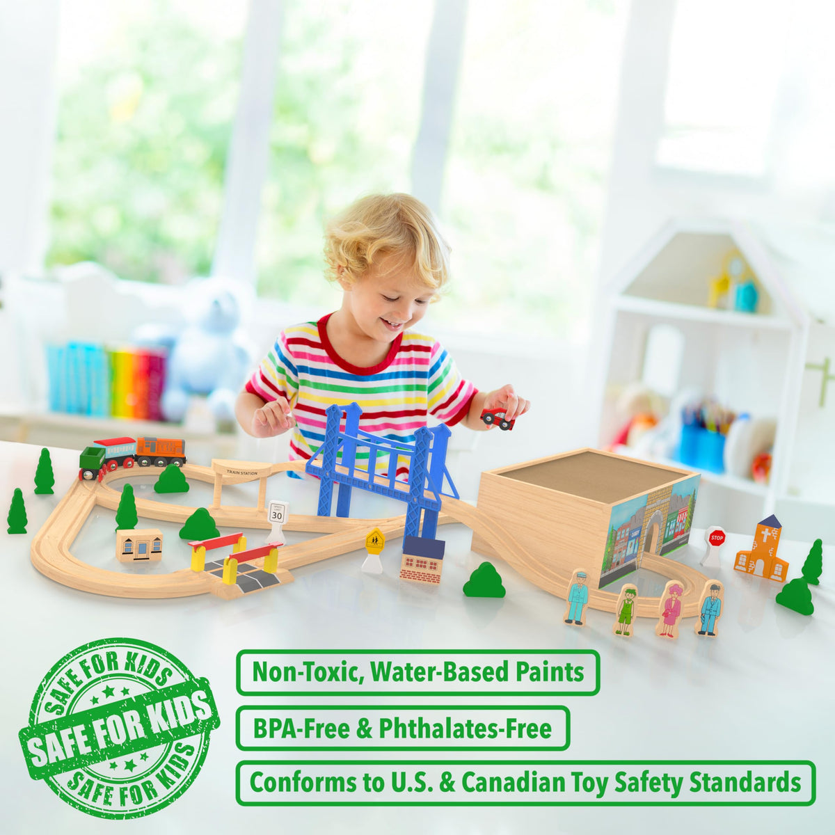 Orbrium Toys 52 Pcs Deluxe Wooden Train Set with 3 Destinations Fits Thomas, Brio, Chuggington