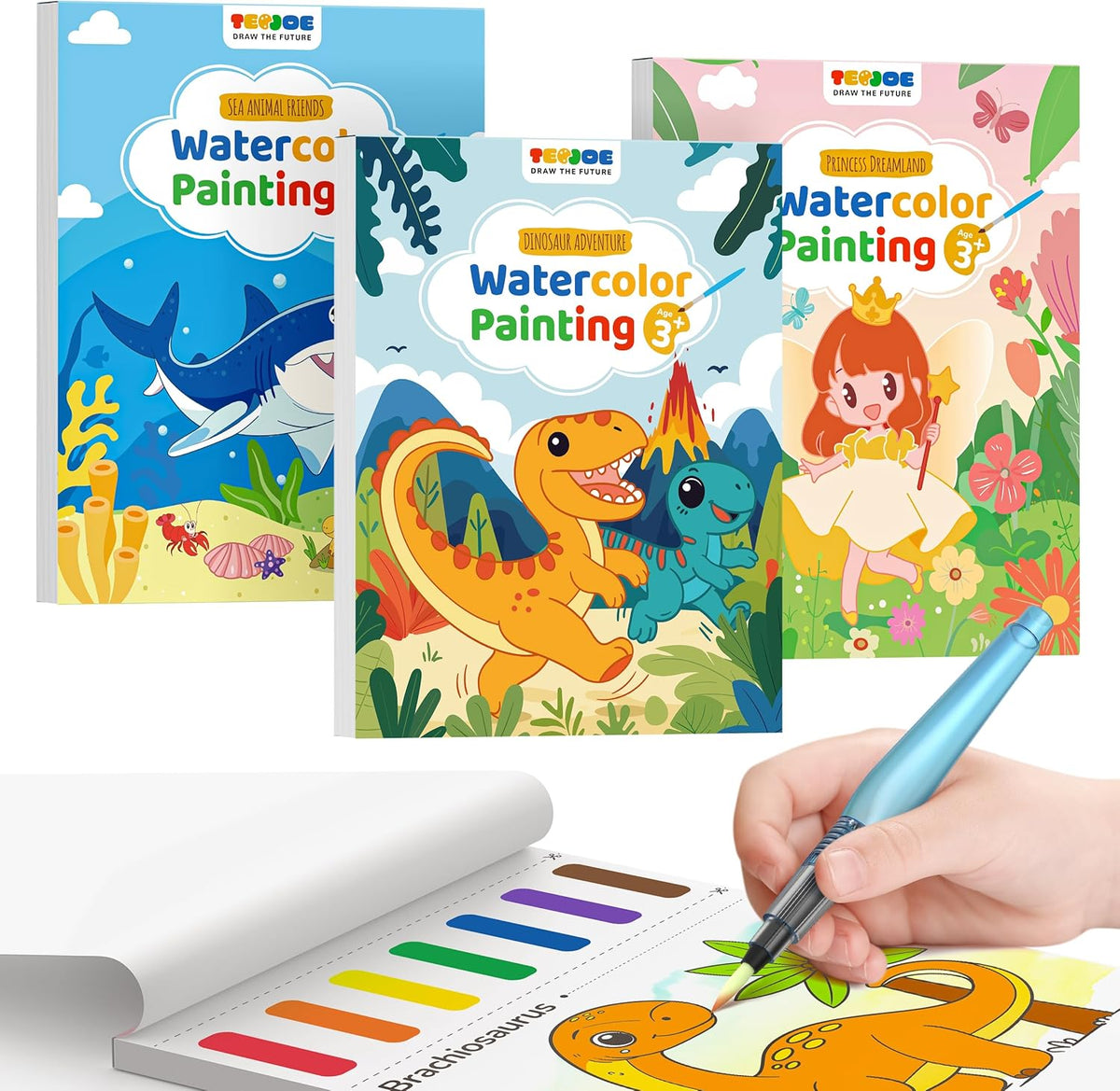 TECJOE 3 Pack Paint With Water Coloring Books for Toddlers, Watercolor Paint Set with 6 Brushes