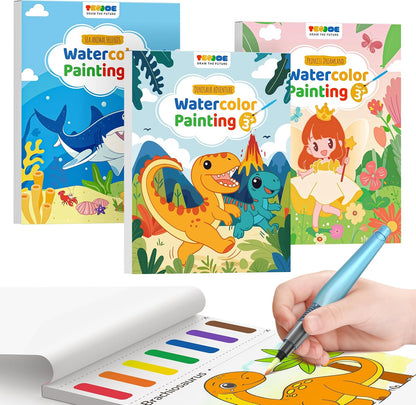 TECJOE 3 Pack Paint With Water Coloring Books for Toddlers, Watercolor Paint Set with 6 Brushes