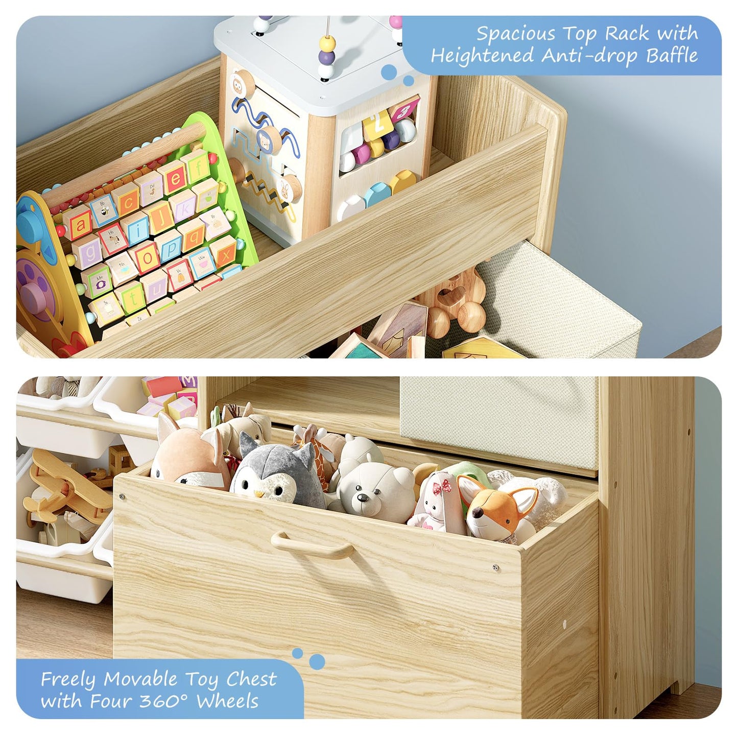 EXPERLAM Toy Storage Organizer for Kids, 9-Bin Toy Organizer with 2-Drawers, Movable Toy Chest and
