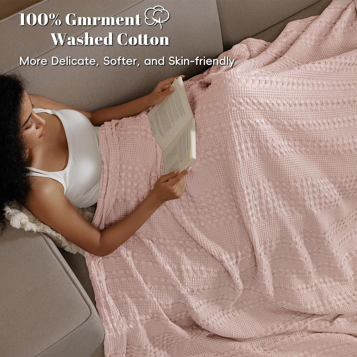 PHF 100% Cotton Waffle Weave Blanket Queen Size, Soft Lightweight Breathable Cozy Summer Blankets
