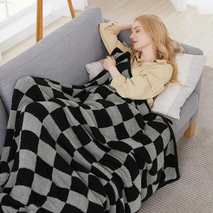 WRENSONGE Checkered Throw Blanket, Black Grey Checkered Soft Cozy Fluffy Warm Hand Made Weave Throw