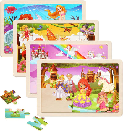 Wooden Puzzles Toys for Kids Ages 3-5, Set of 4 Packs with 20-Piece Unicorn Mermaid Princess Wood