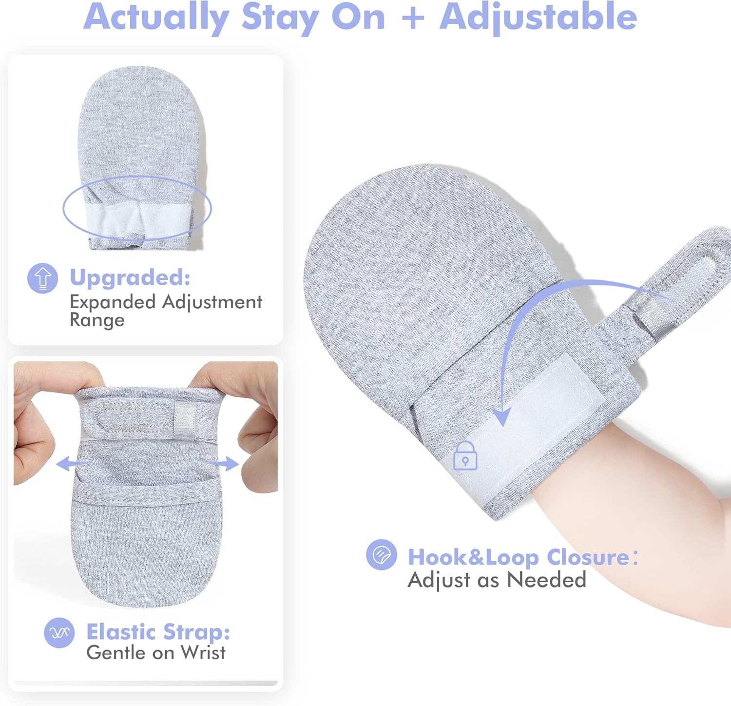 HAPIU Baby No Scratch Mittens Stay On, 100% Cotton Breathable, Adjustable Infant Gloves for Boys