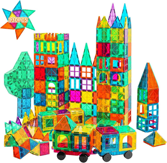 Bmag 130PCS Magnetic Tiles Building Blocks, 3D Magnet Blocks Construction Playboards for Kids