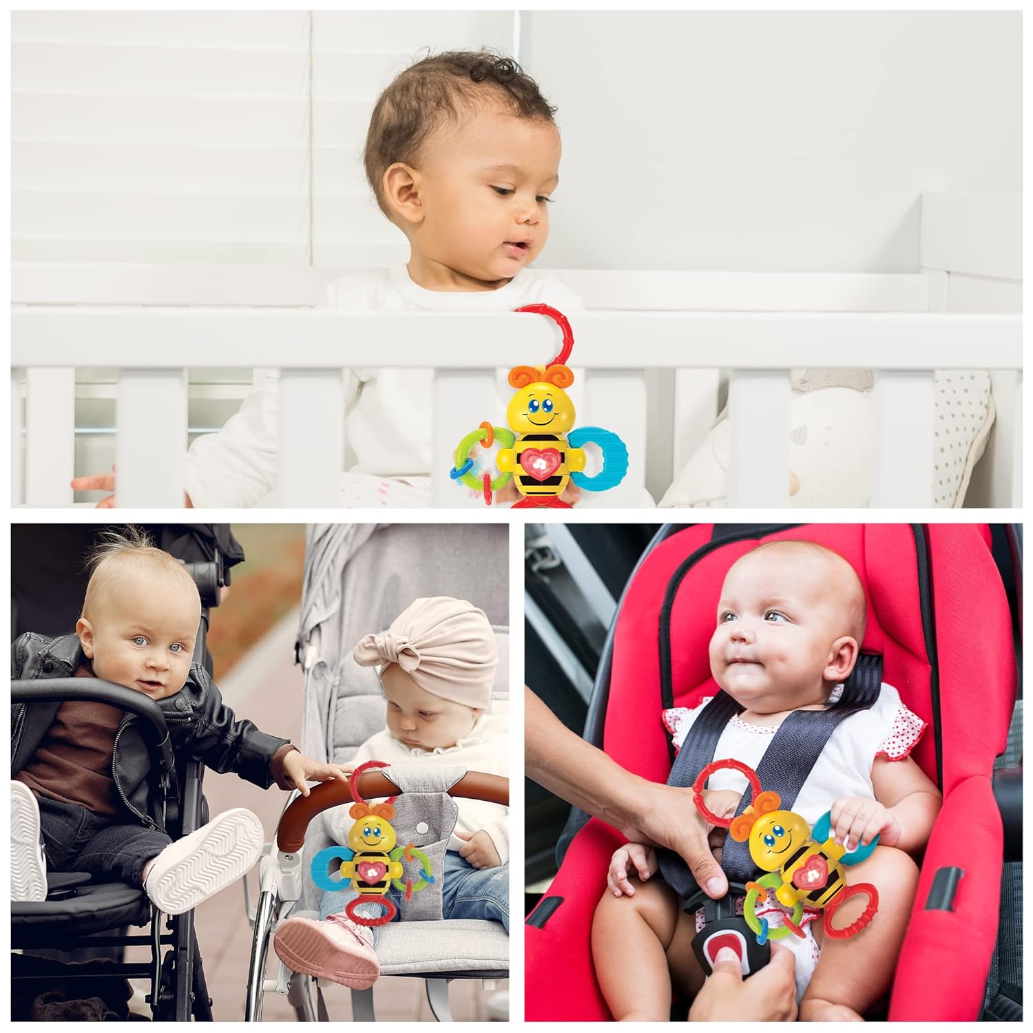 KiddoLab Twist & Rattle Musical Bee Light-Up Toy and Teething Ring for Toddlers - Sensory Chew and