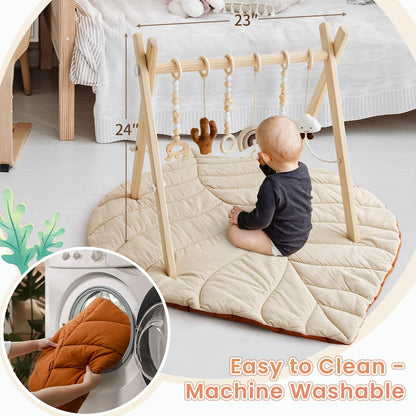 Razee Wooden Baby Play Gym Activity Mat, Leaf Shaped Play Mat Baby Gym with 6 Hanging Sensory Toys