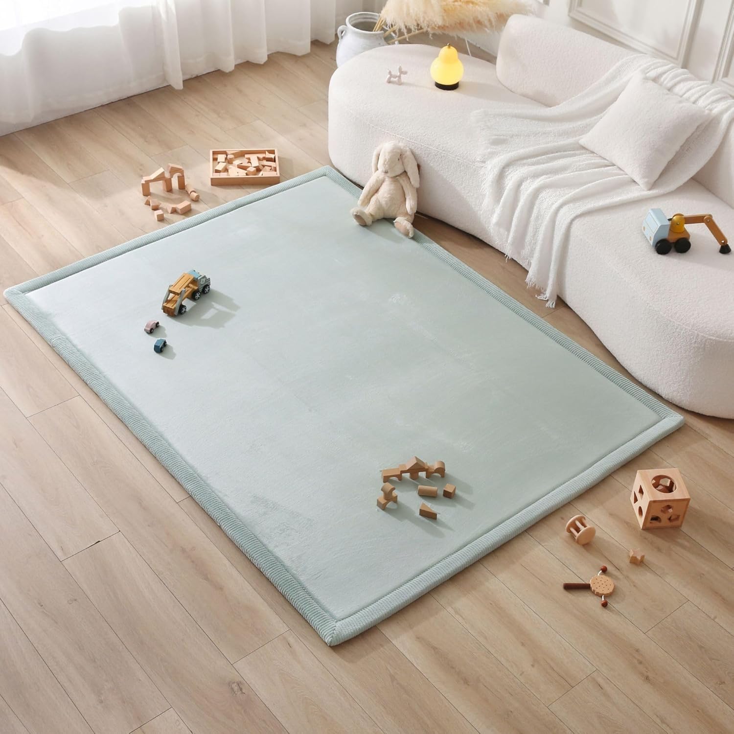 Stylish Coral Velvet Baby Play Mat for Floor 60" x 80" Green – Soft 1" Thick High-Density Memory
