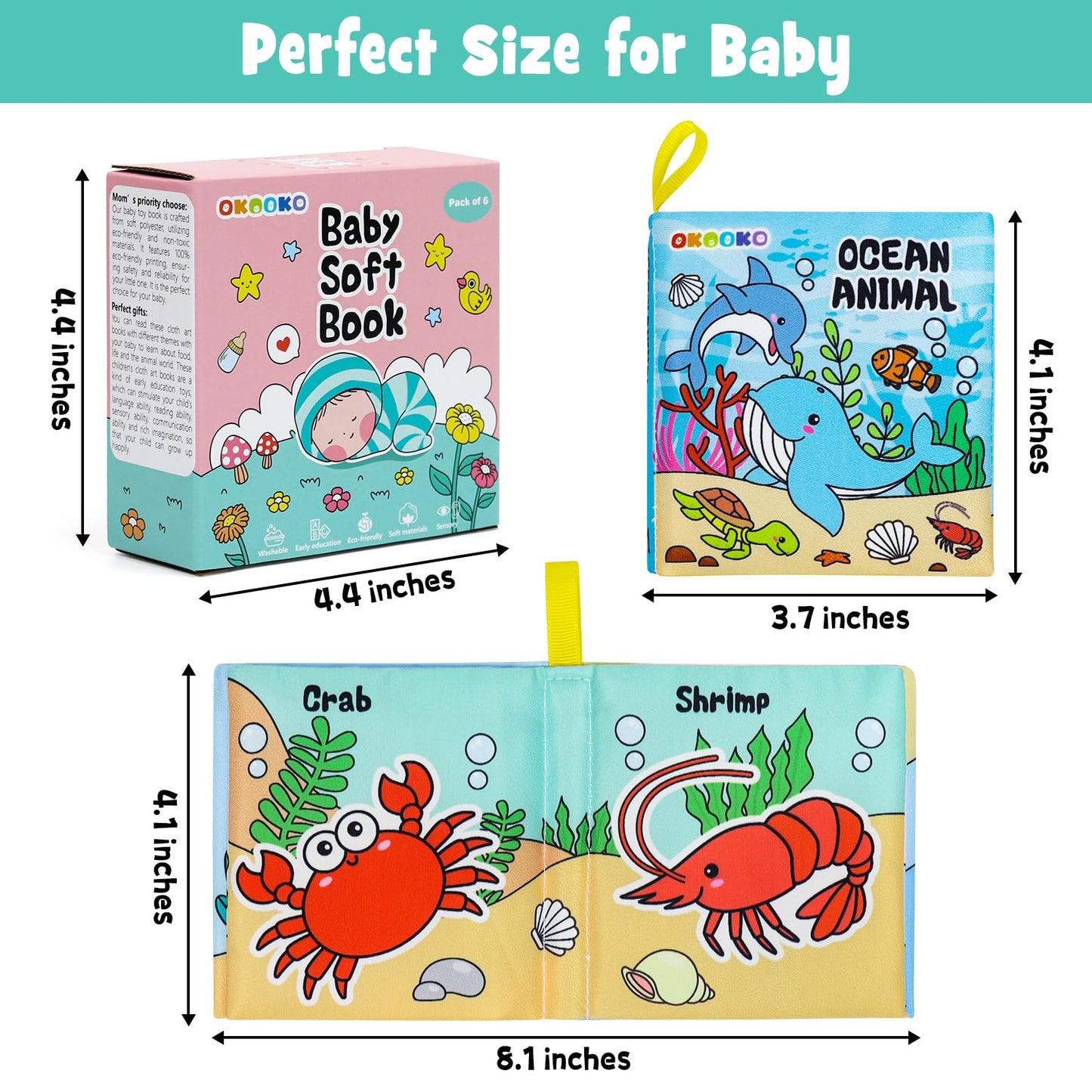 OKOOKO 6 Pack Soft Baby Book, Bath Toy, Soft Cloth Book, Crinkle Book