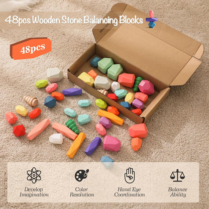 OESSUF Stacking Rocks 48Pcs Stacking Blocks Balancing Stacking Stones Wooden Building Toys Wood