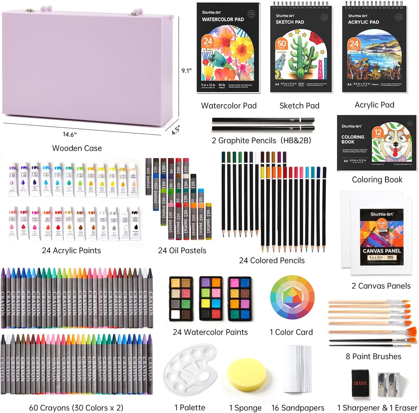 Shuttle Art Deluxe Gift Art Kit, 202-Piece Wooden Art Supplies Set with 4 Drawing Pads, Canvases