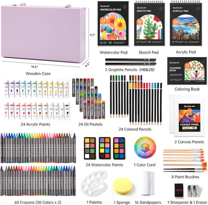 Shuttle Art Deluxe Gift Art Kit, 202-Piece Wooden Art Supplies Set with 4 Drawing Pads, Canvases