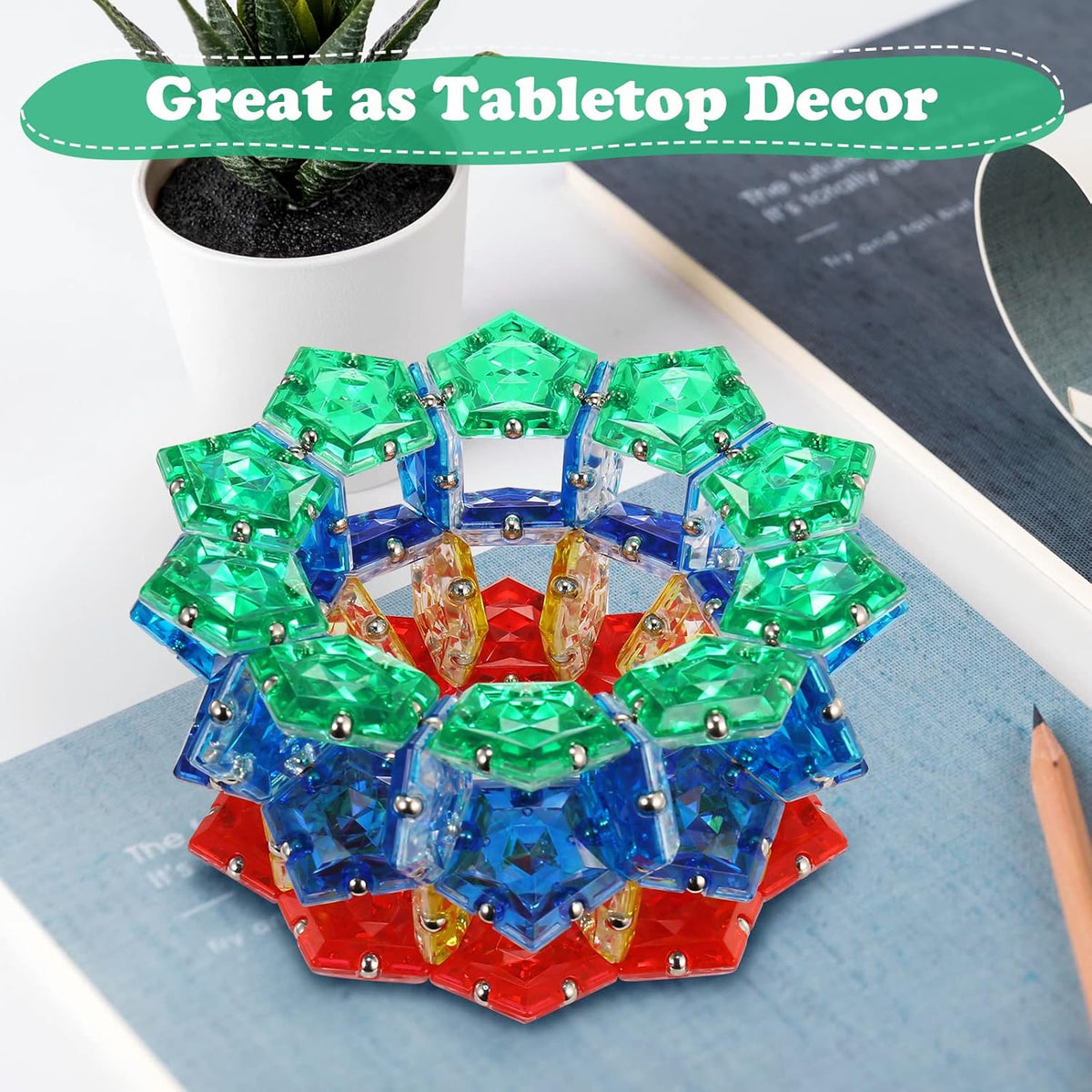 Magnetic Fidget Sphere - Pentagons Magnets Balls - 12 Piece Set - Crystal Green - Magnet Fidgets